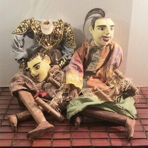 Vintage Pair Of Indonesian Puppet Marionettes Handmade Carved Wood & Sequins 22"